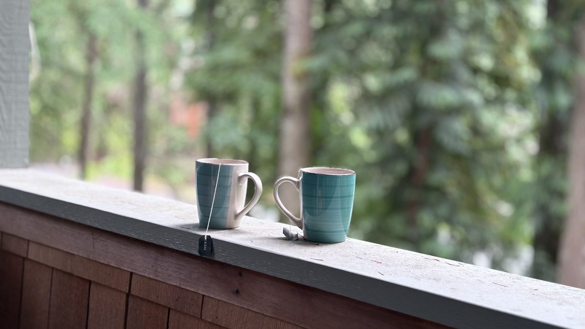Two turquoise mugs of tea resting on the balcony rail, with a soft-focus wall of evergreen forest behind
